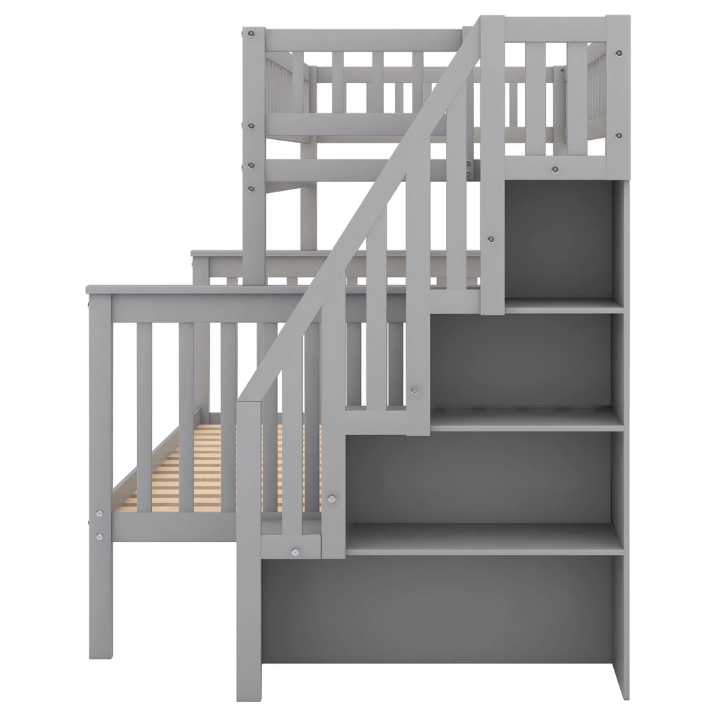 Gray Wood Twin over Full Bunk Bed with Stairs and Storage Shelf P126