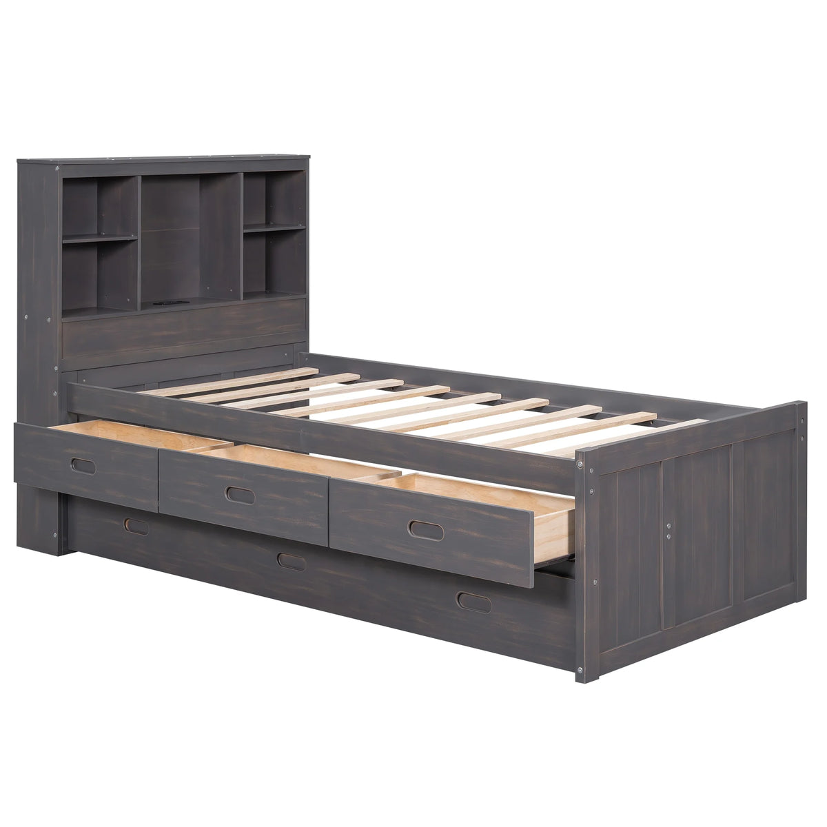 Twin Size Wood Platform Bed with Storage Headboard and Trundle R4869