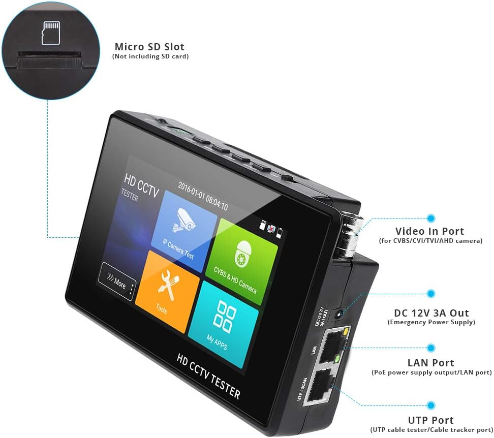 4 Inch Portable IP Camera Tester 4K H.265 CVBS CVI TVI AHD Analog with POE V7401