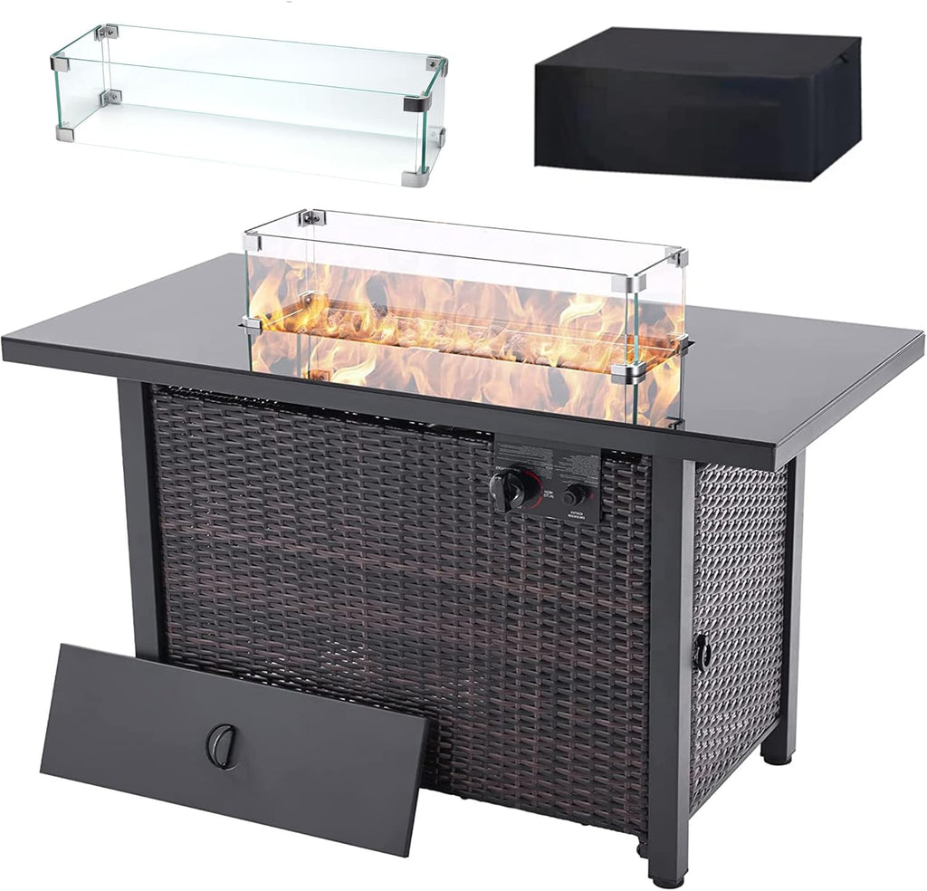 Propane Fire Pit Table 43 in 60,000BTU Auto-Ignition with Glass Wind Guard U248