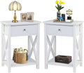 White Wooden Side End Table with Bin Drawer Set of 2 D925605