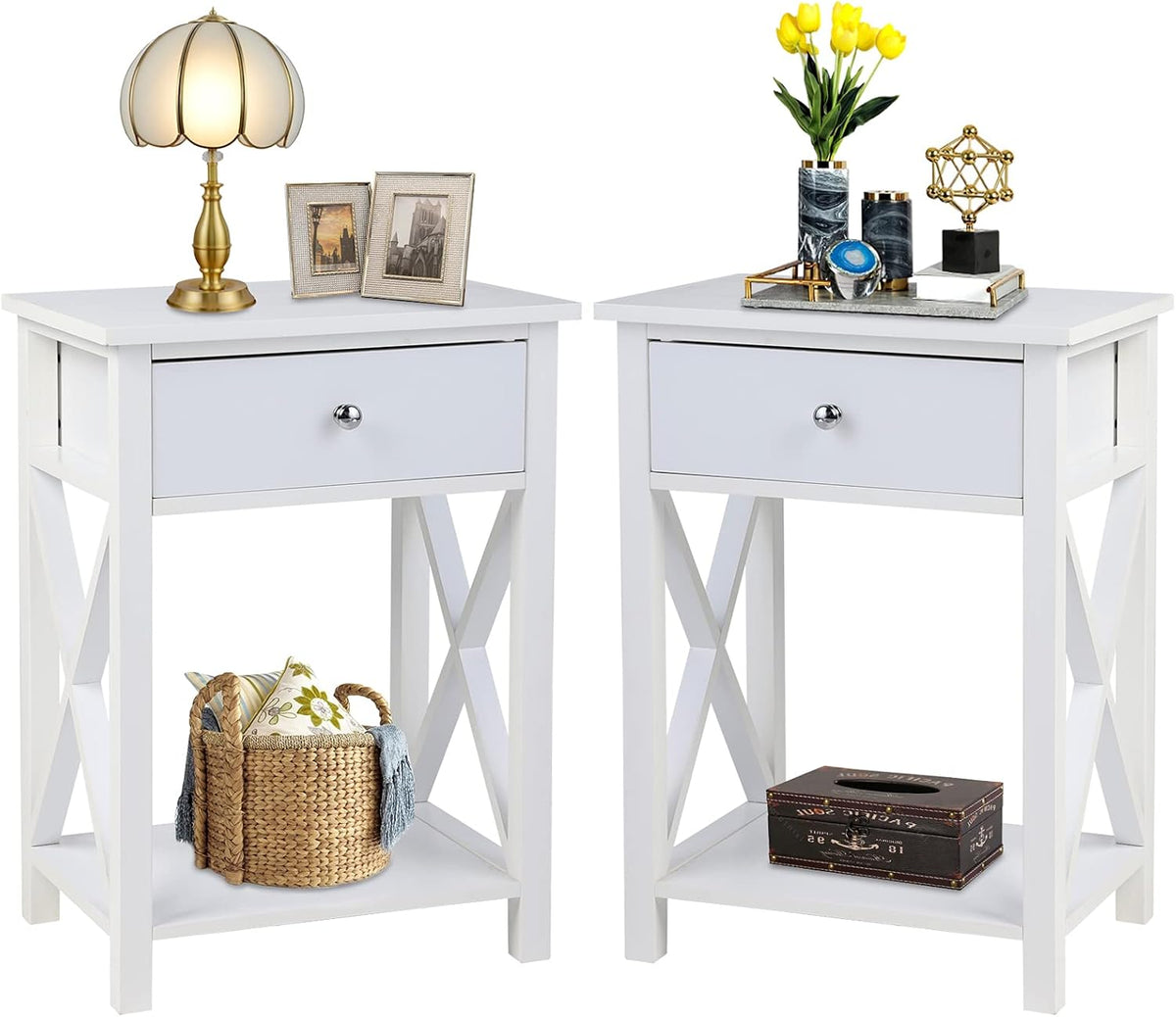 White Wooden Side End Table with Bin Drawer Set of 2 D925605