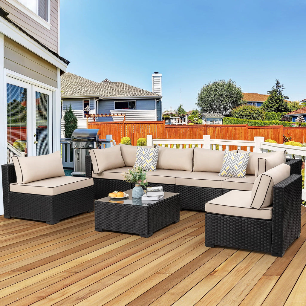 7 Pieces All-Weather Rattan Sectional Sofa with Tea Table E41427