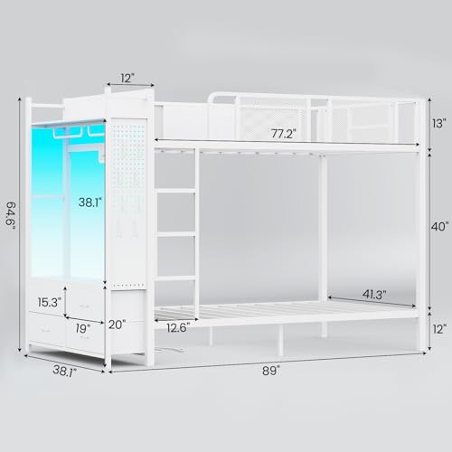 White Metal Twin Over Twin Bunk Bed with 4 Storage Drawers A7263