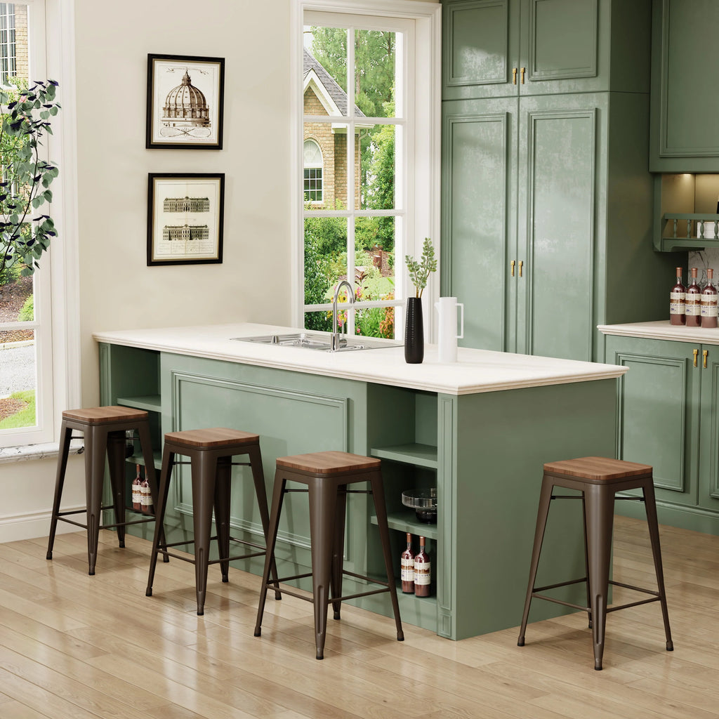 Set of 4 Metal Bar Stools Wood Seat Backless Q3484