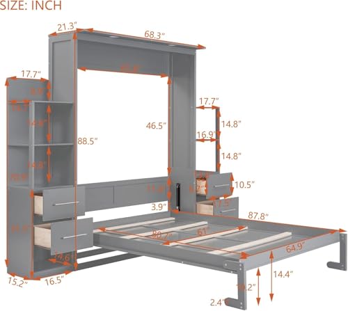 Queen Murphy Bed with LED Lights and Storage Drawers E44629