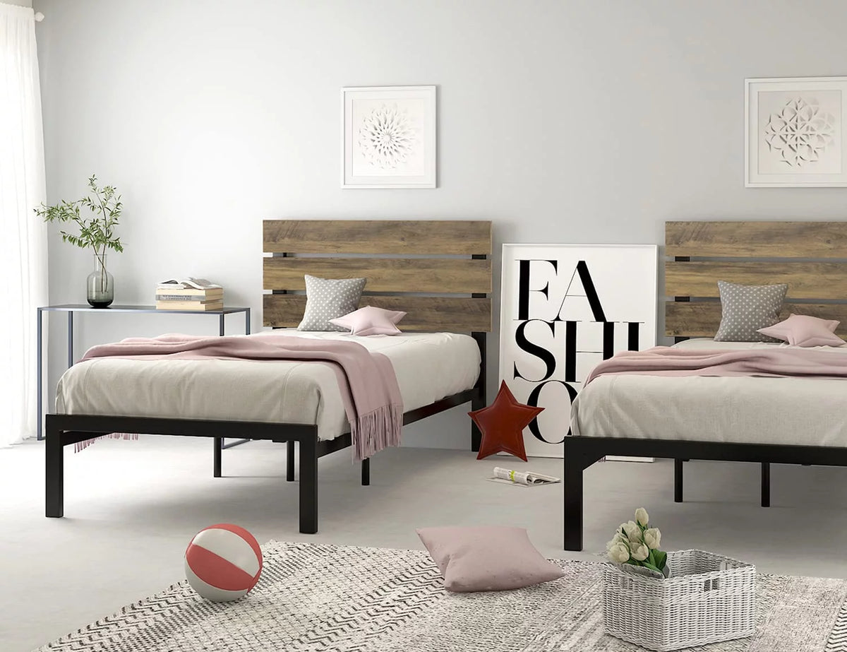 Twin Rustic Style Metal Platform Bed with Headboard and Metal Slats, Brown D57548