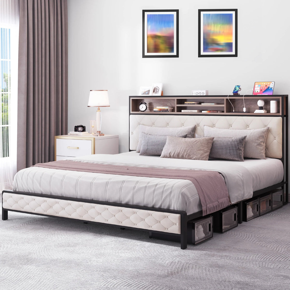 Queen Size Beige Bed Frame with Charging Station and Storage Headboard W19513