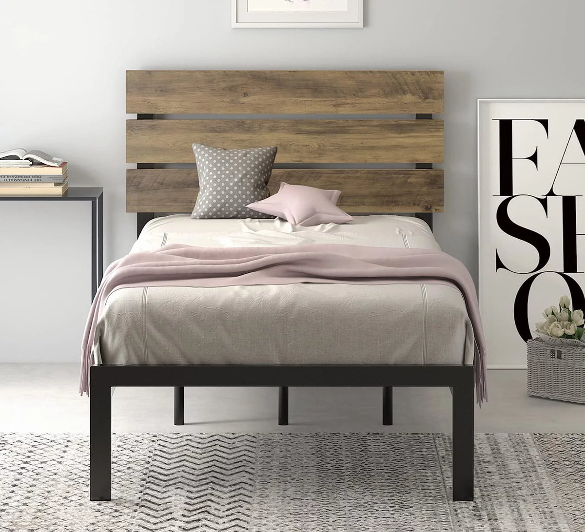 Twin Rustic Style Metal Platform Bed with Headboard and Metal Slats, Brown D57548