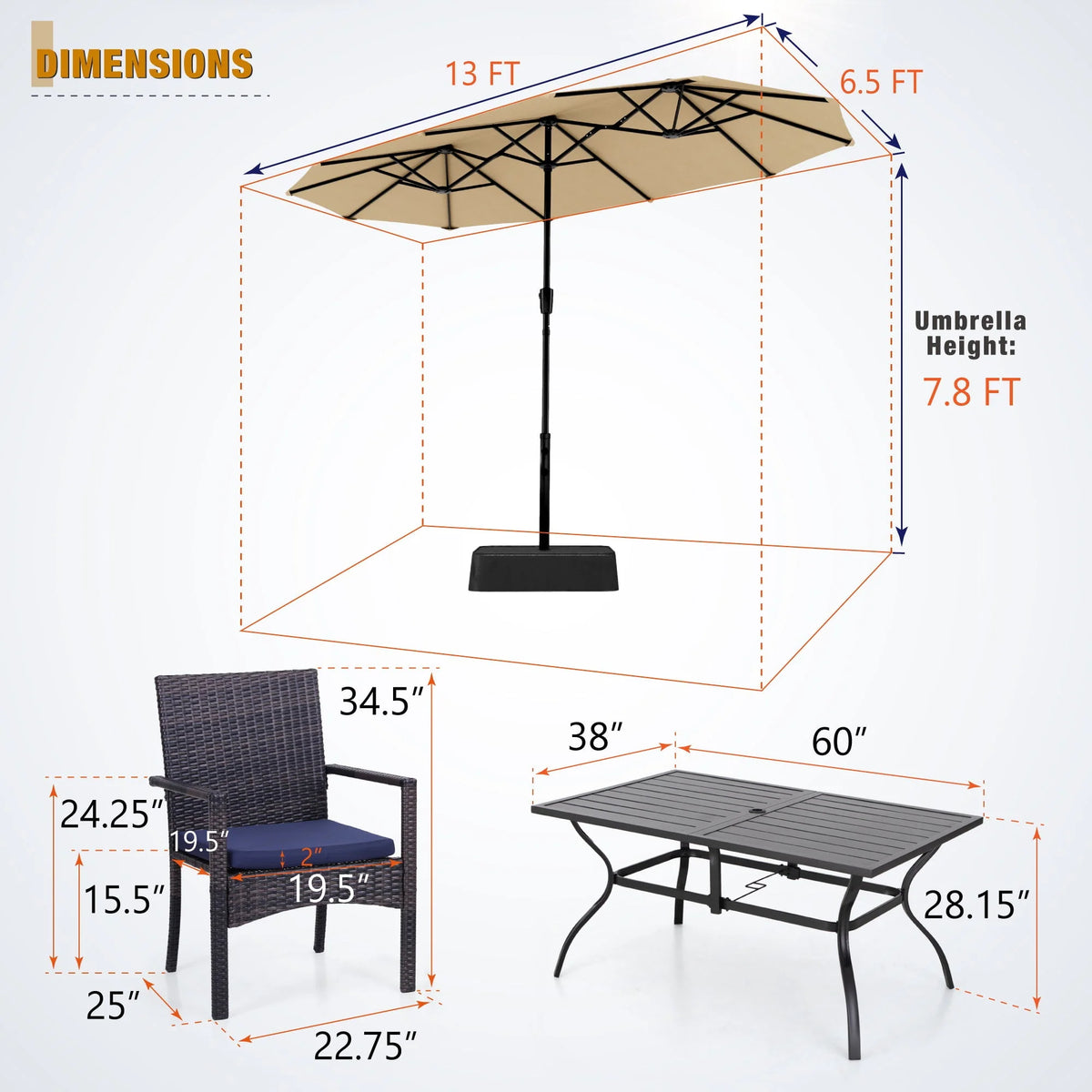 8-Piece Outdoor Patio Set with 13 ft Navy Umbrella I6767