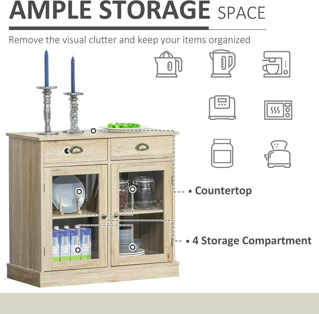 Oak Sideboard Storage Cabinet with 2 Glass Doors and 2 Drawers O234