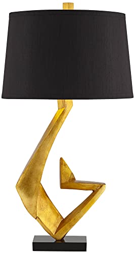 28.5" Tall Gold Leaf Metal Table Lamp with Black Fabric Shade O947113