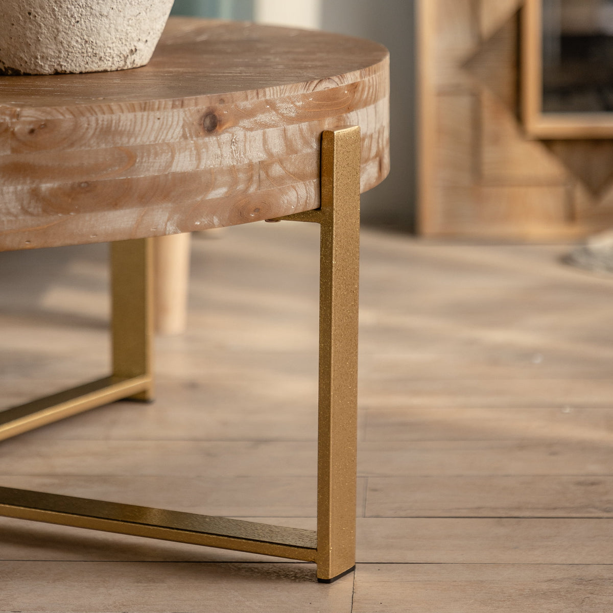 Modern Wood Round Coffee Table with Gold Cross Legs M583