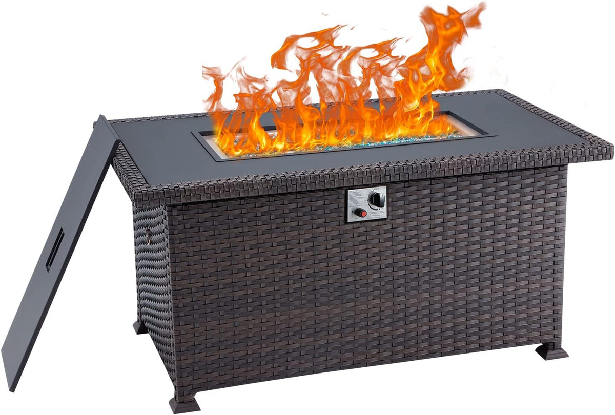 38 Inch 50,000 BTU Round Propane Fire Pit Table with Lid and Fire Glass T5952