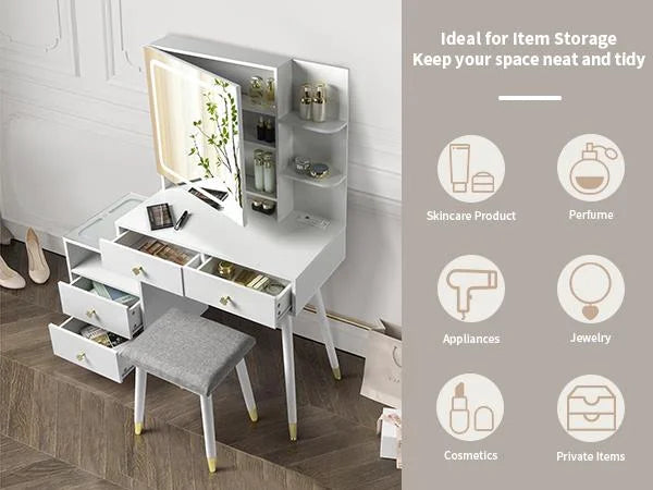 White Lighted Vanity Table Set with LED Nightstand S512