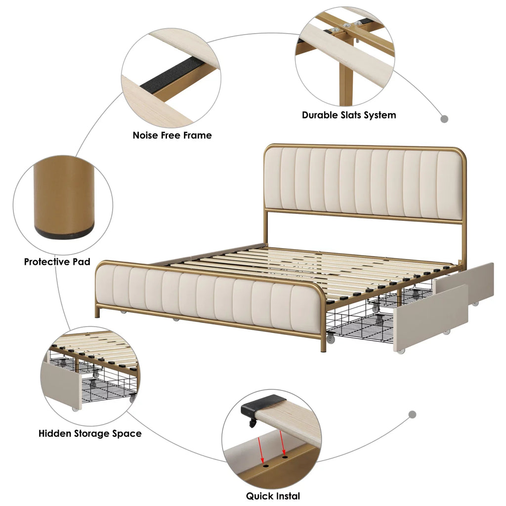 Queen Size Beige Upholstered Platform Bed with 4 Storage Drawers W214