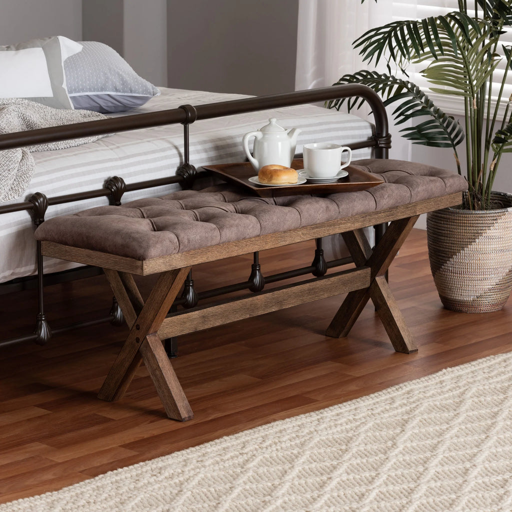 Chocolate Velvet Fabric and Dark Brown Finished Wood Bench Y617018