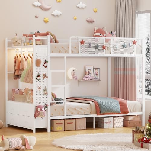White Metal Twin Over Twin Bunk Bed with 4 Storage Drawers A7263
