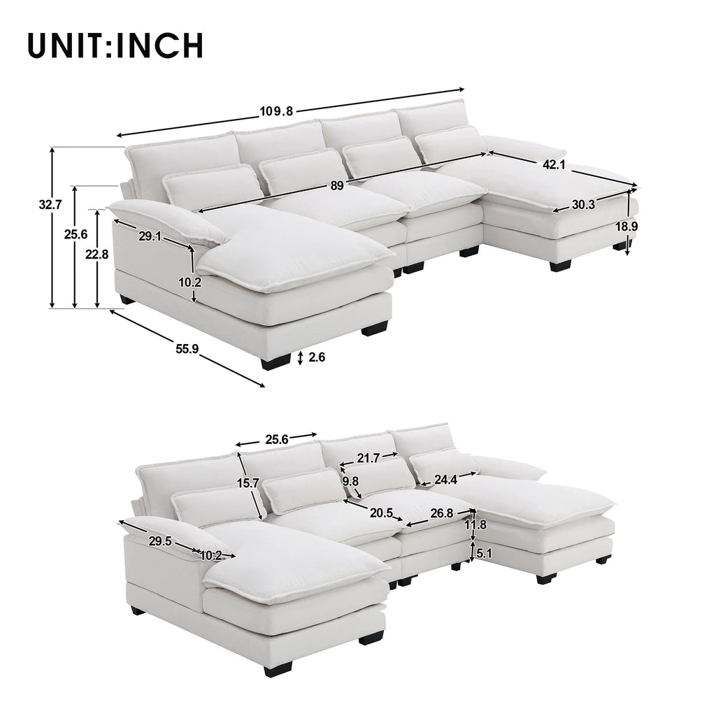 White Chenille U-shaped 6 Seat Sofa with Chaise Lounge B7737