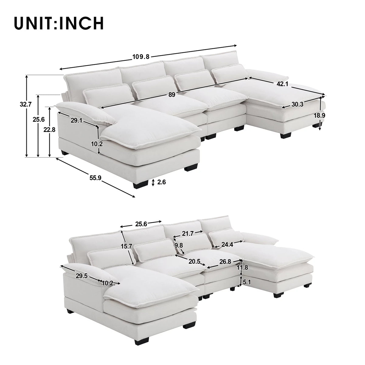 White Chenille U-shaped 6 Seat Sofa with Chaise Lounge B7737