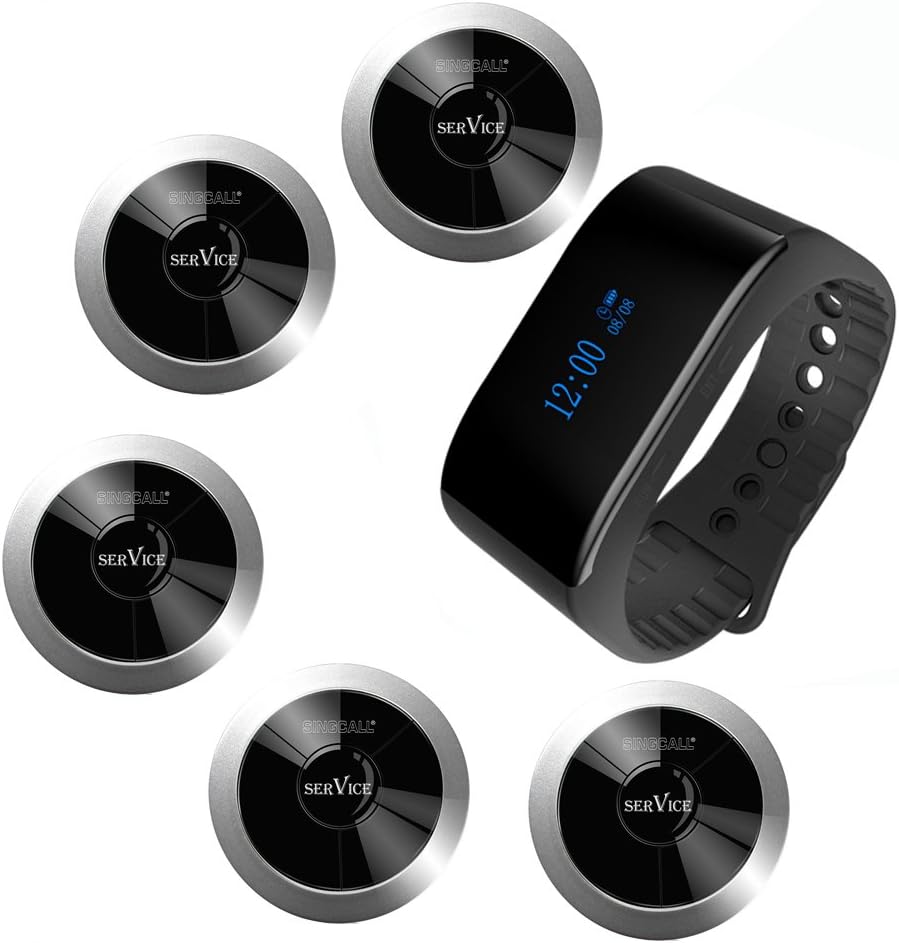 Wireless Calling System, Waterproof Pager Watch Receiver, Pack of 5 Pagers and 1 Receiver O582