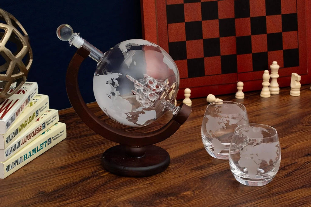 50 Oz Handmade Etched Globe Decanter Set with Wooden Stand and 2 Glasses X96220