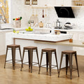 Set of 4 Metal Bar Stools Wood Seat Backless Q3484