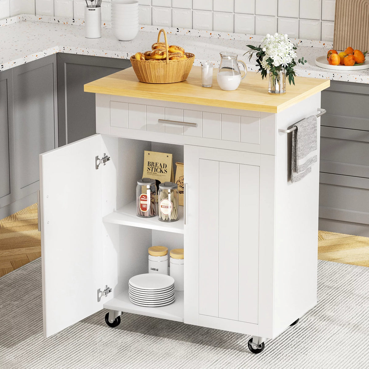 White Kitchen Island with Storage W6407