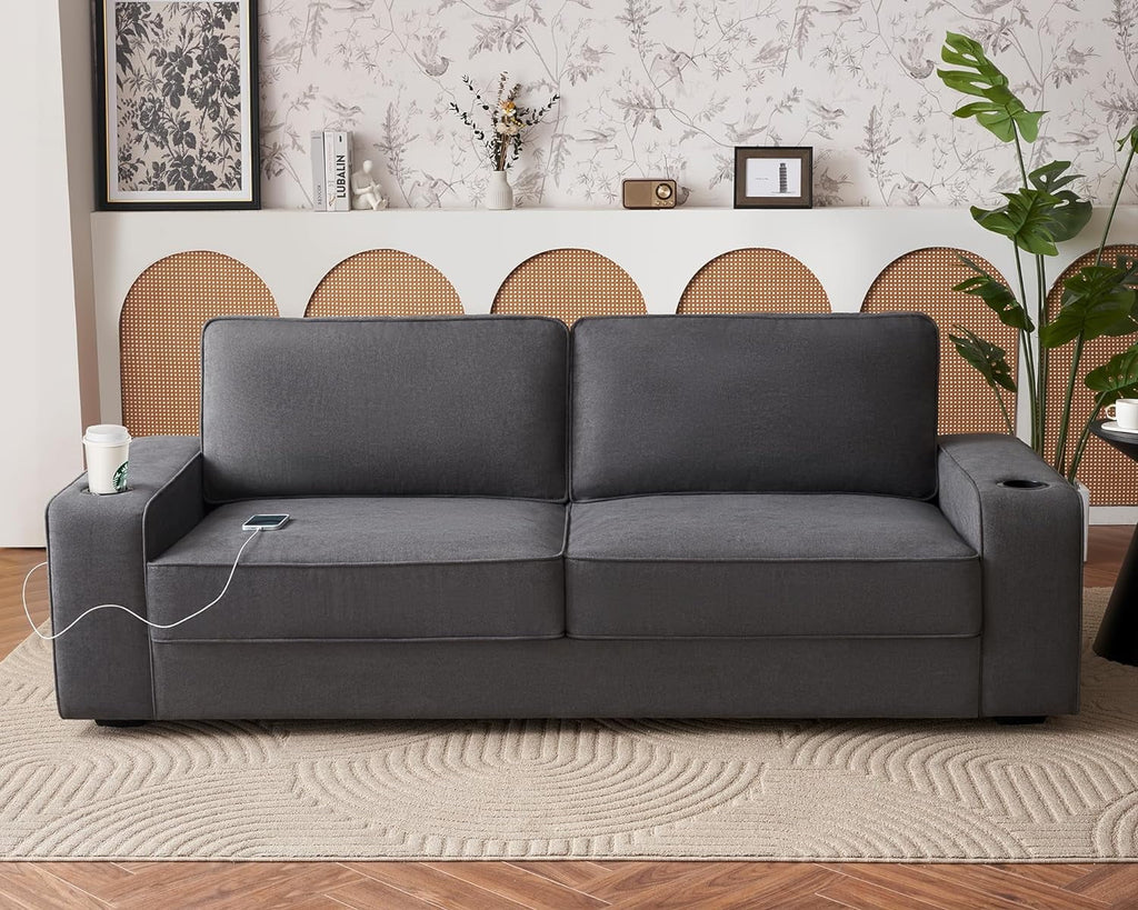 89 inch Grey Chenille Sofa with USB Charging Ports & Cup Holders Q549628