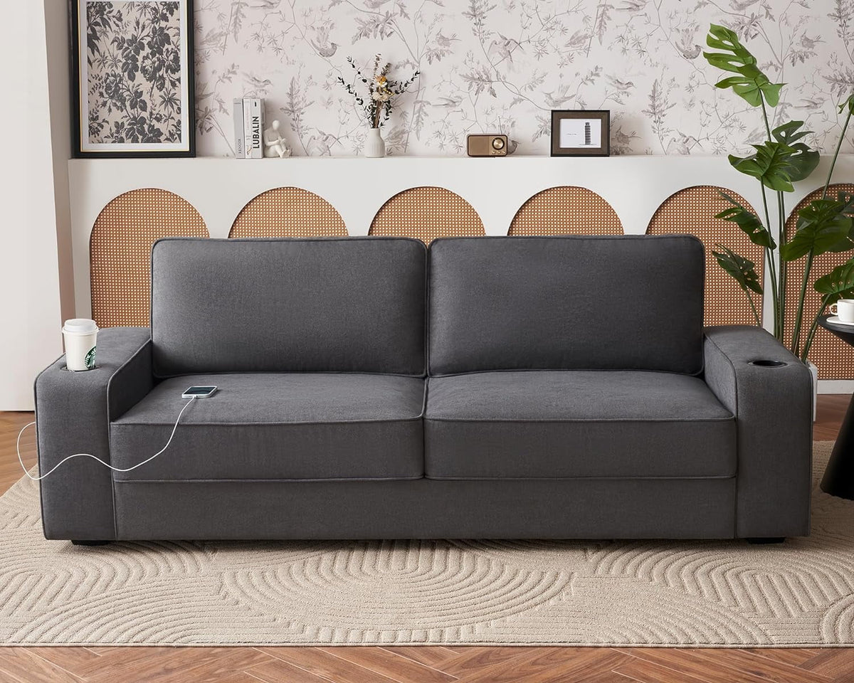 89 inch Grey Chenille Sofa with USB Charging Ports & Cup Holders Q549628