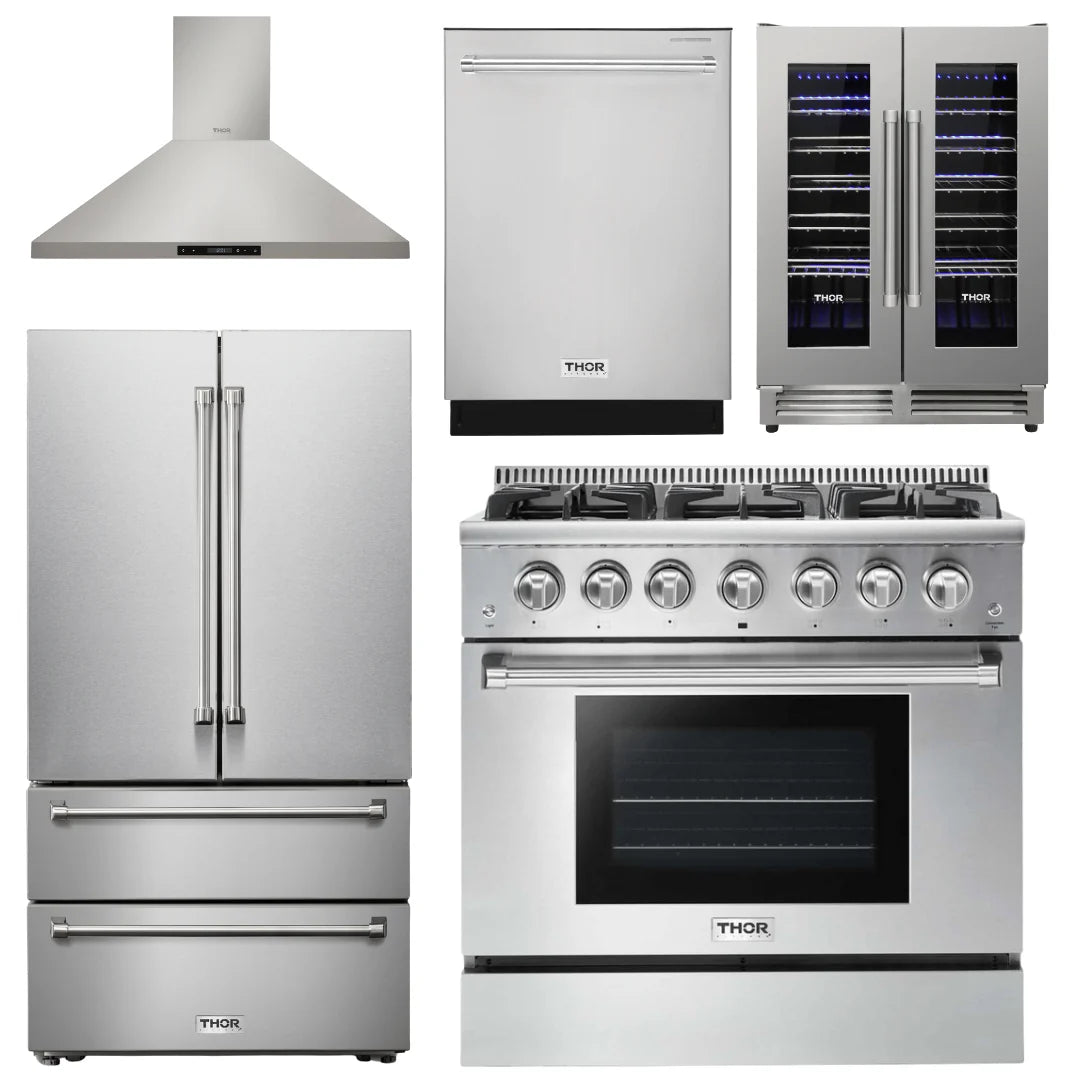 36 Gas Range, Range Hood, Refrigerator, Dishwasher, Wine Cooler V38065