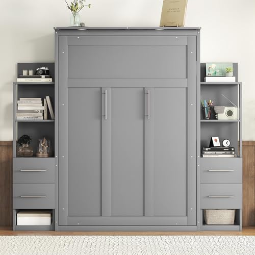 Queen Murphy Bed with LED Lights and Storage Drawers E44629