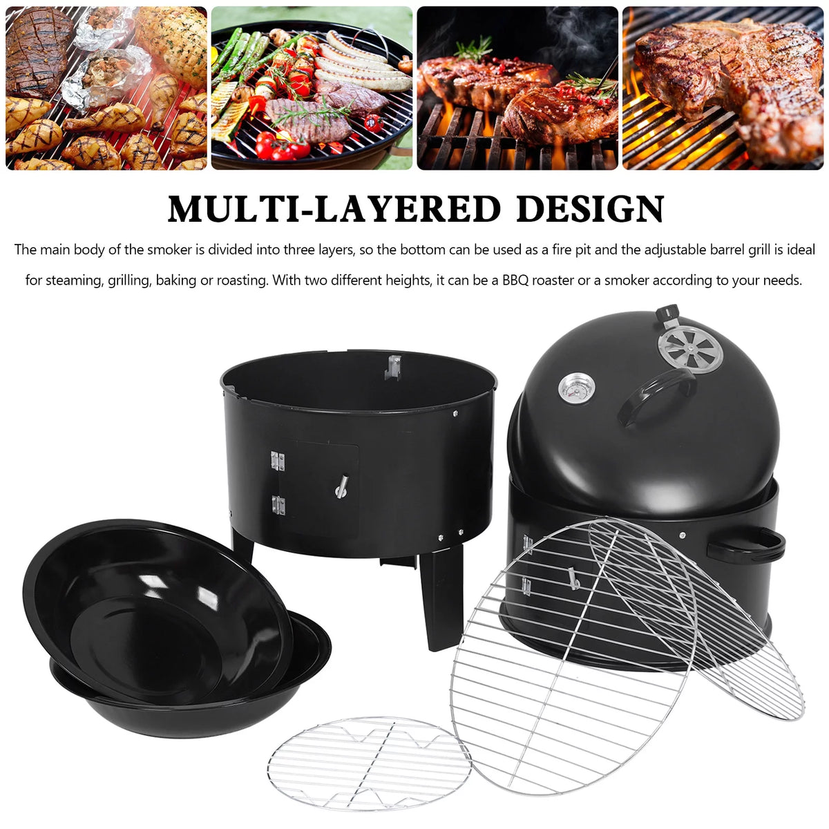 Detachable 3-in-1 Vertical Charcoal BBQ Smoker Grill W349842