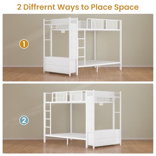 White Metal Twin Over Twin Bunk Bed with 4 Storage Drawers A7263