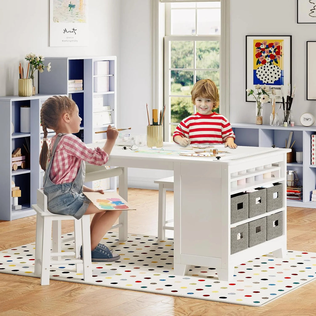 Wooden Kids Art Table and Chair Set with Storage Shelves L212