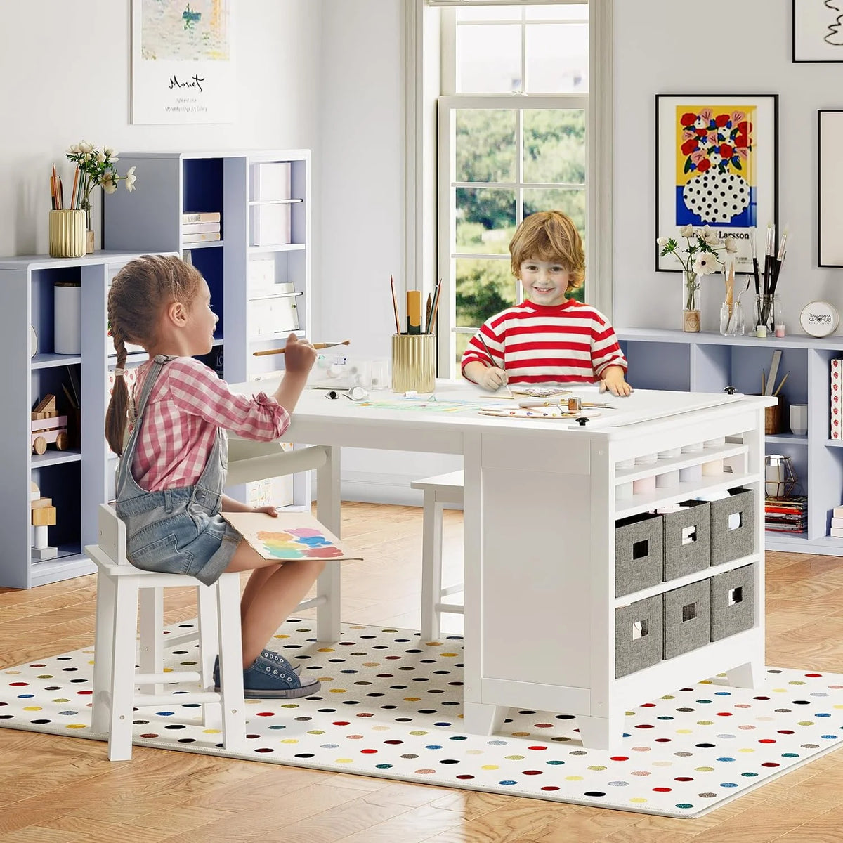 Wooden Kids Art Table and Chair Set with Storage Shelves L212