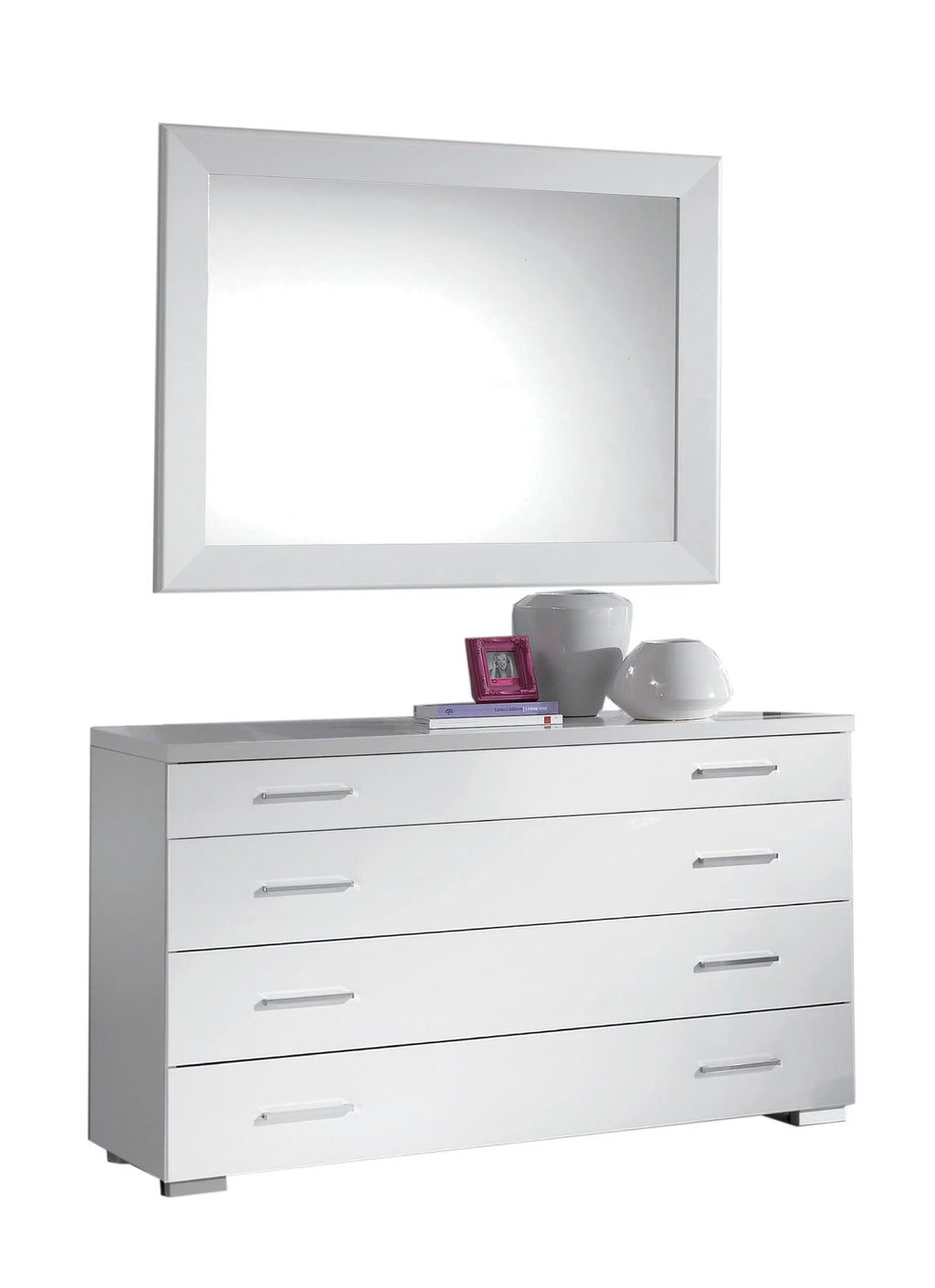 White High Gloss Dresser Chest & Wardrobe Set 3P V827
