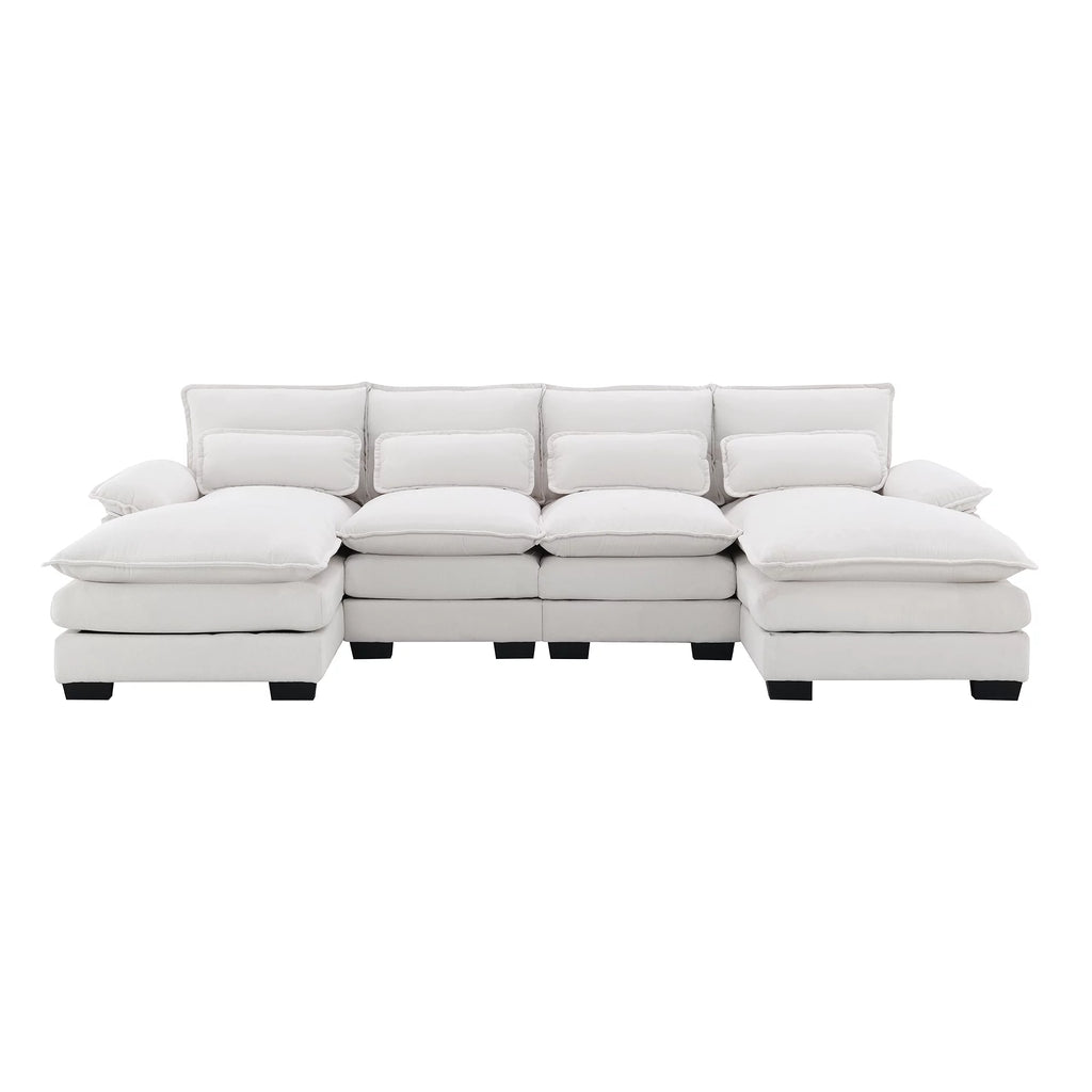White Chenille U-shaped 6 Seat Sofa with Chaise Lounge B7737
