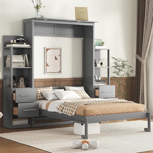 Queen Murphy Bed with LED Lights and Storage Drawers E44629