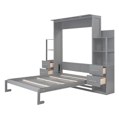 Queen Murphy Bed with LED Lights and Storage Drawers E44629
