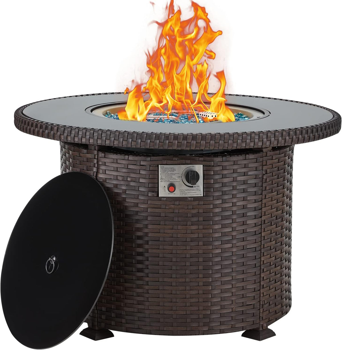 38 Inch 50,000 BTU Round Propane Fire Pit Table with Lid and Fire Glass T5952