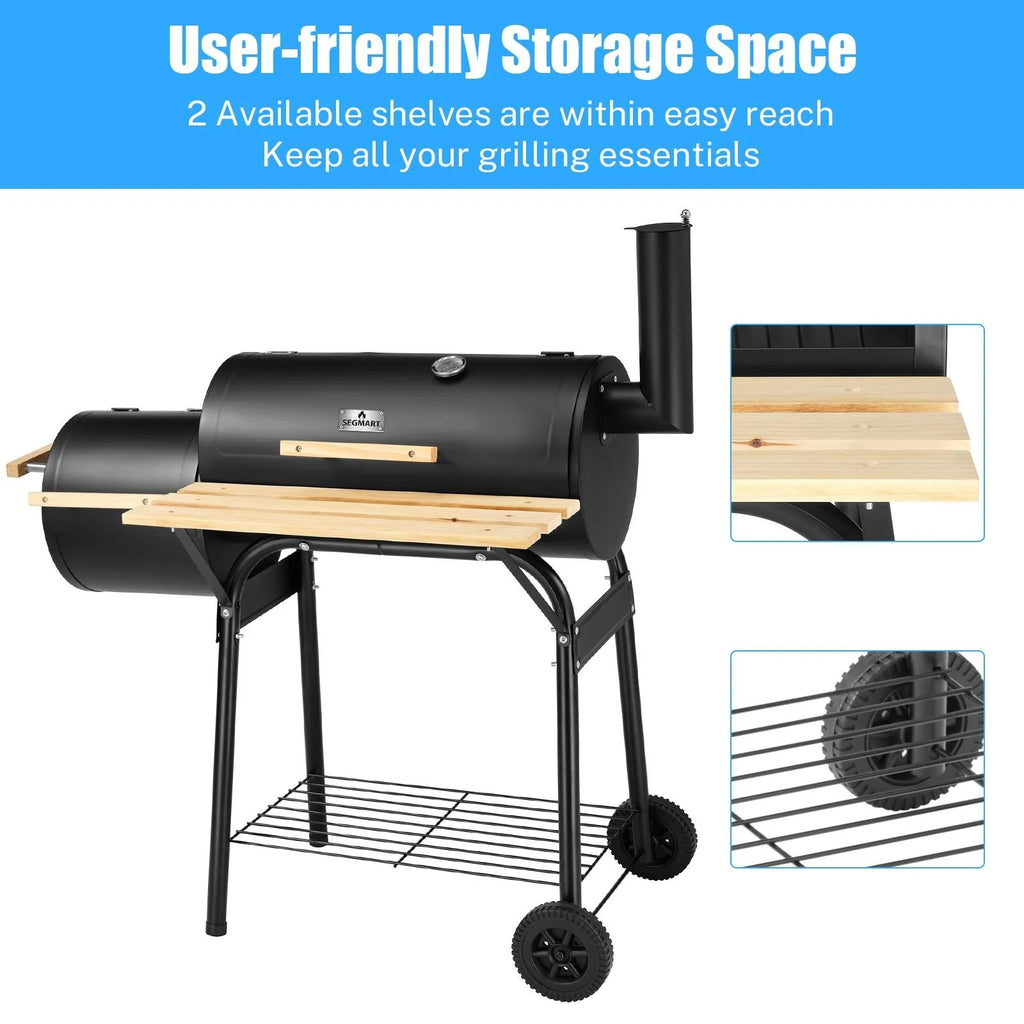 Charcoal Grill, 45.28-Inch Portable Offset Smoker with Wheels & Thermometer O856710