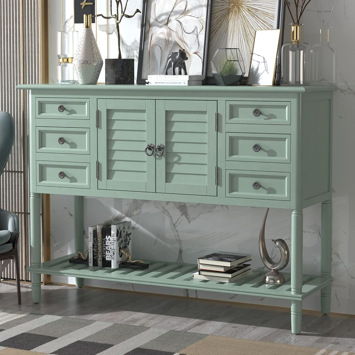 Vintage Console Table with 6 Drawers, 1 Cabinet and 1 Shelf M8387