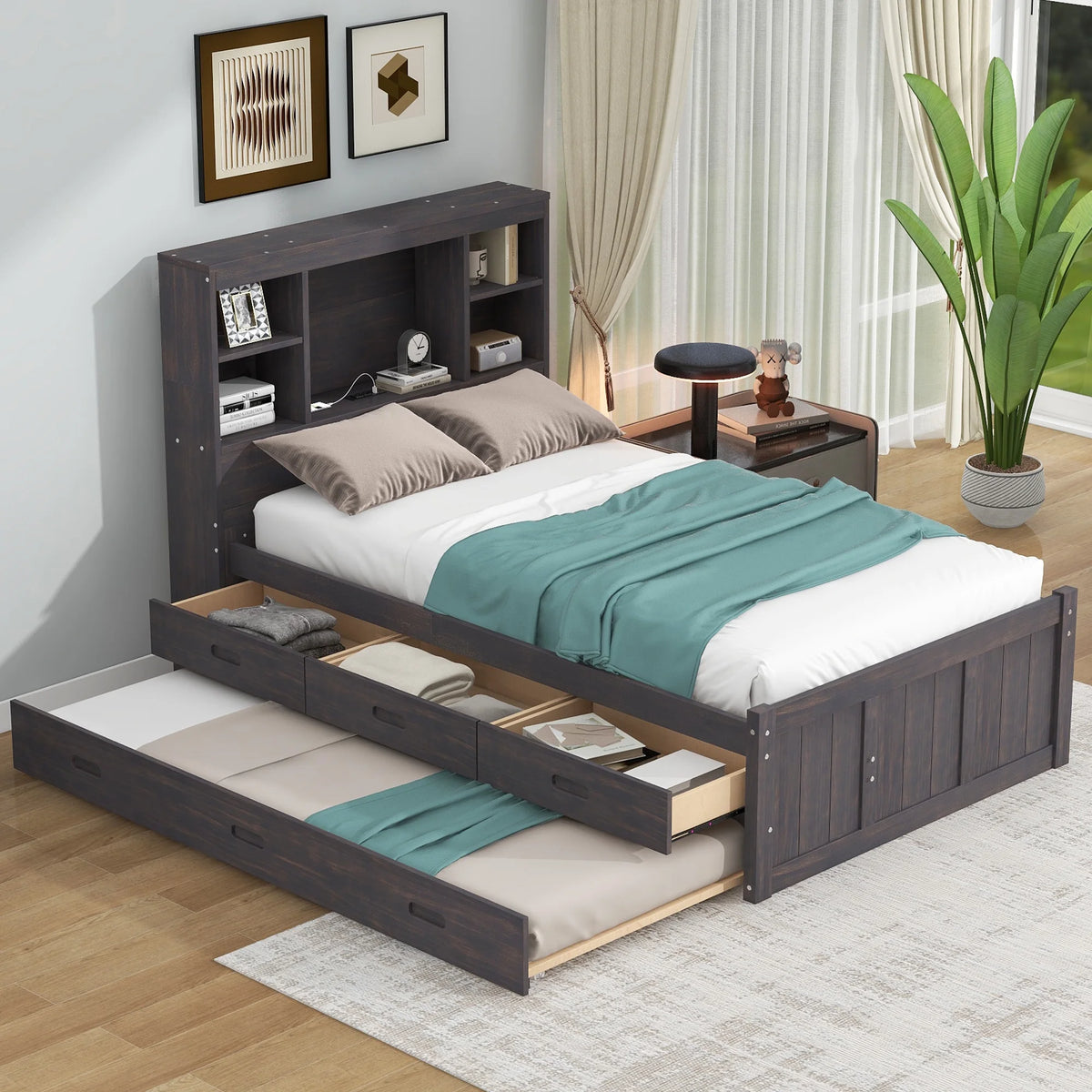 Twin Size Wood Platform Bed with Storage Headboard and Trundle R4869