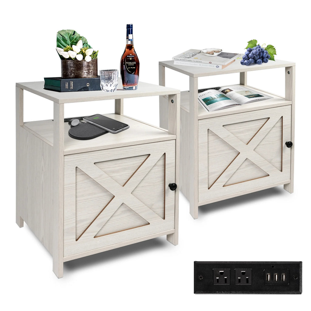 White Wooden Nightstands Set of 2 with Charging Station W460