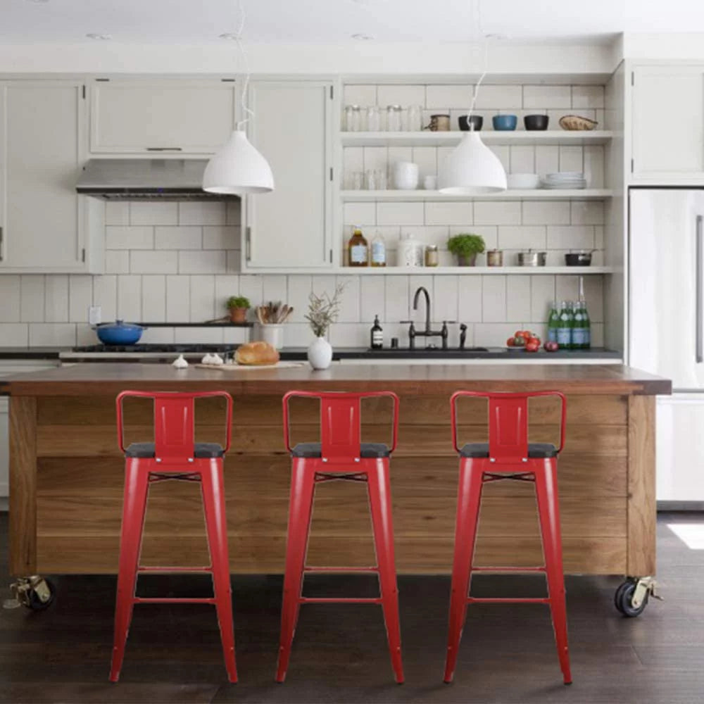 Red 30 inch Low Back Metal Barstools with Wood Seat, Set of 6 I133896