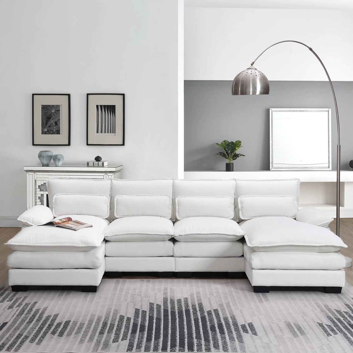 White Chenille U-shaped 6 Seat Sofa with Chaise Lounge B7737