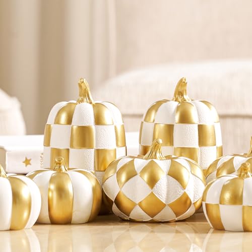 7Pcs Black and White Faux Checkered Pumpkins R10421
