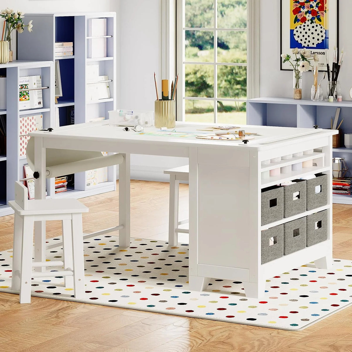 Wooden Kids Art Table and Chair Set with Storage Shelves L212