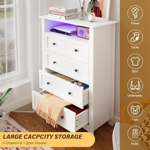 White 4 Drawer Dresser with LED Lights and Charging Station K936